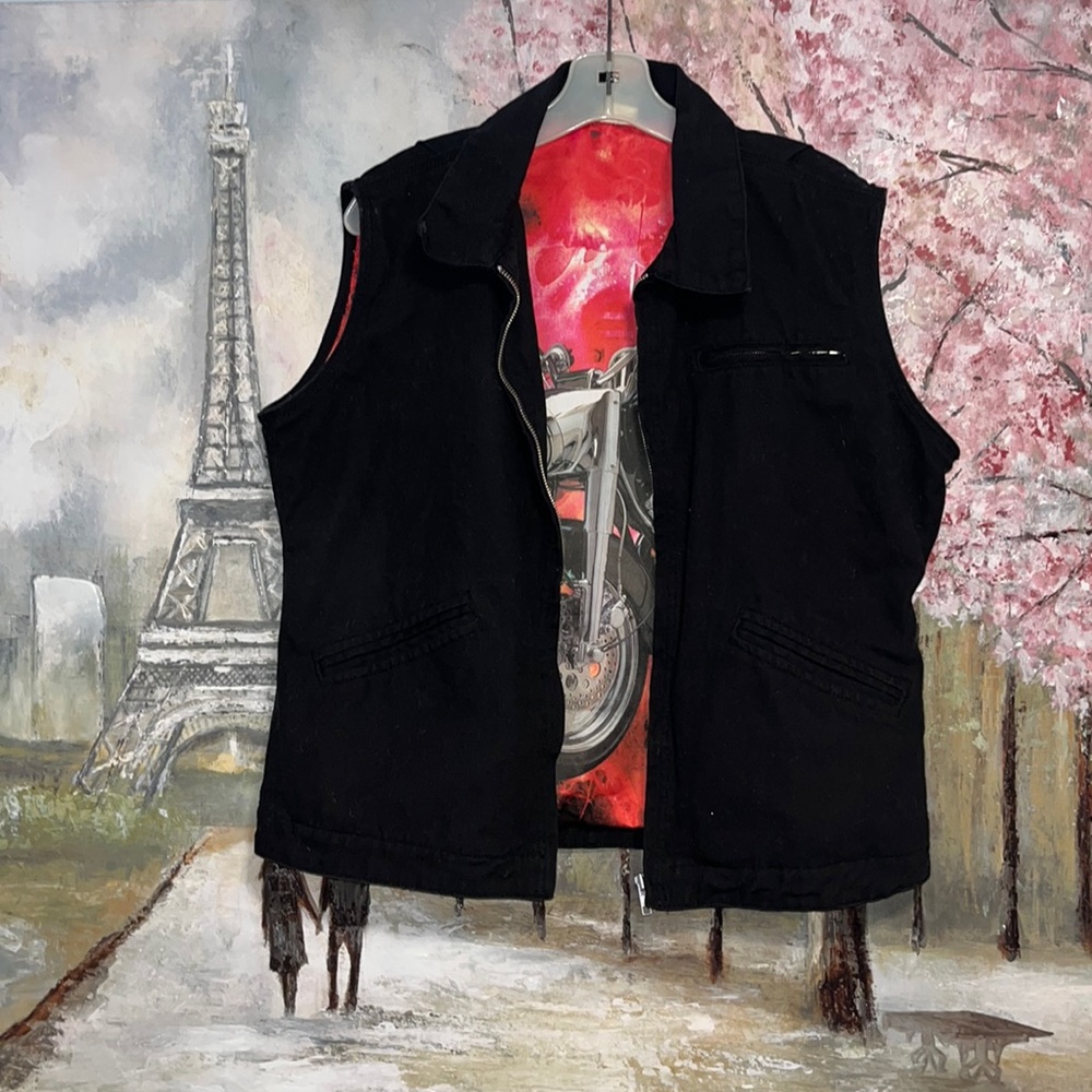 Ethyl Black Denim Jean  Vest Jacket Motorcycle Interior Beaded Cotton sz L